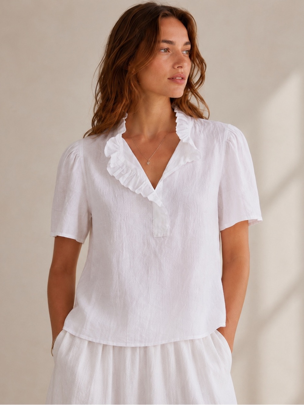 Sundays by “We Are Sundays” Anthropologie White Ruffled Romantic Linen Blouse